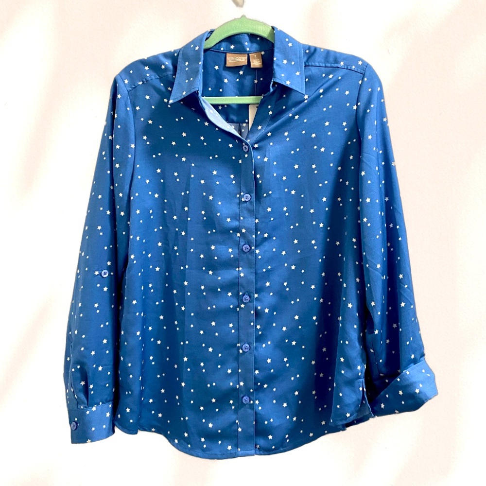 Women’s Chicos Blouse Blue White Stars Print Button Down Blouse